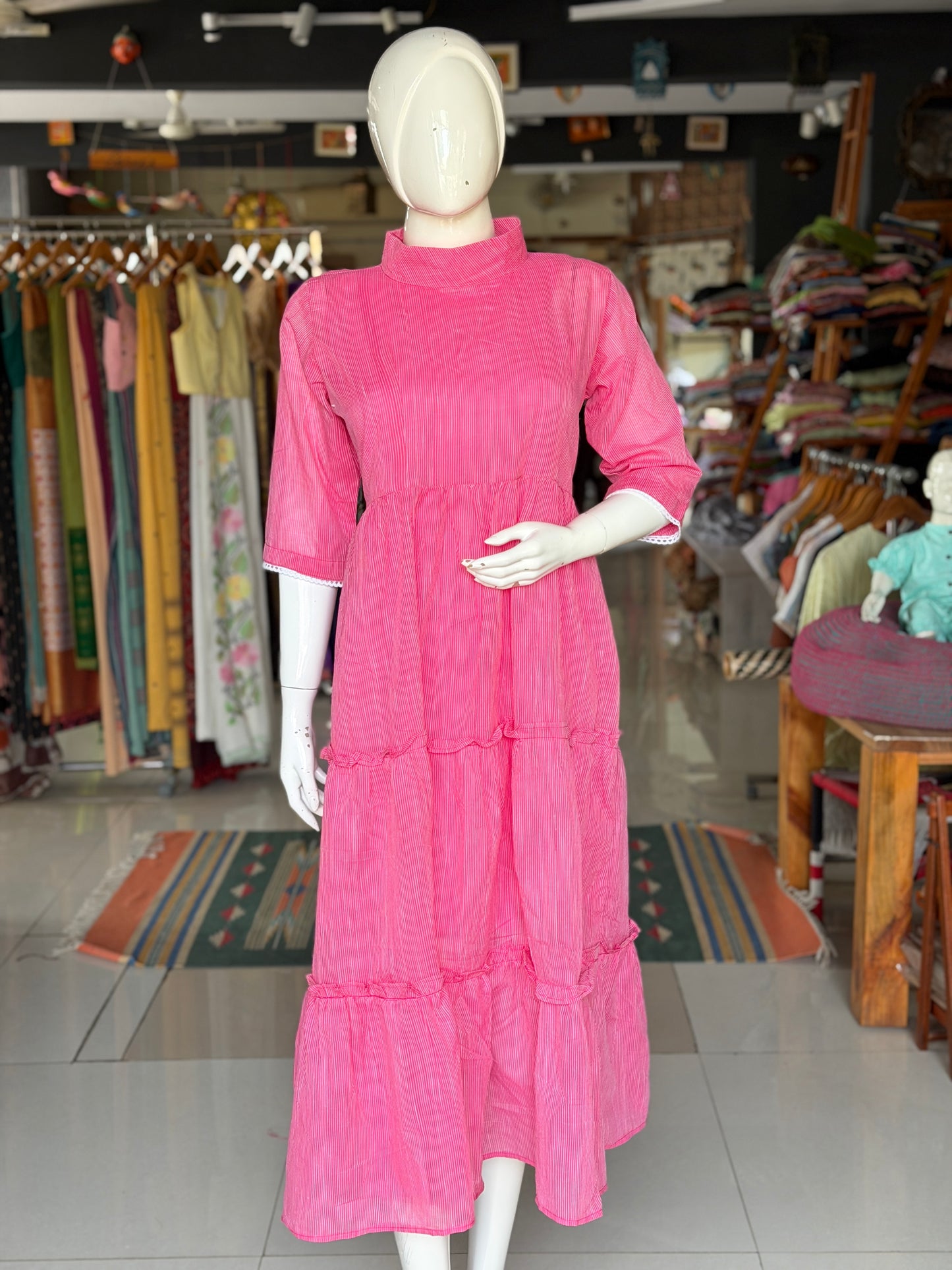 Pink with white stripes handloom cotton multi tiered dress with band collared neck