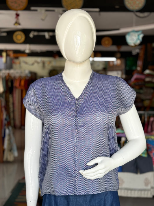 Blue textured 4 pedal loom handwoven relaxed fit cotton tunic top