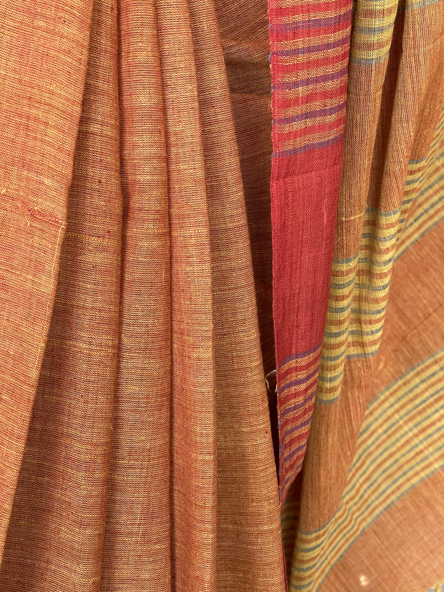 Orange natural dyed, hand spun, hand woven plain cotton saree