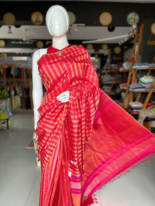 Red and baby pink stripes pure silk handloom kanjeevaram pattu saree with contemporary look