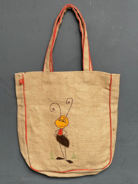 Jute ant design hand embroidered with appliq patch work bag