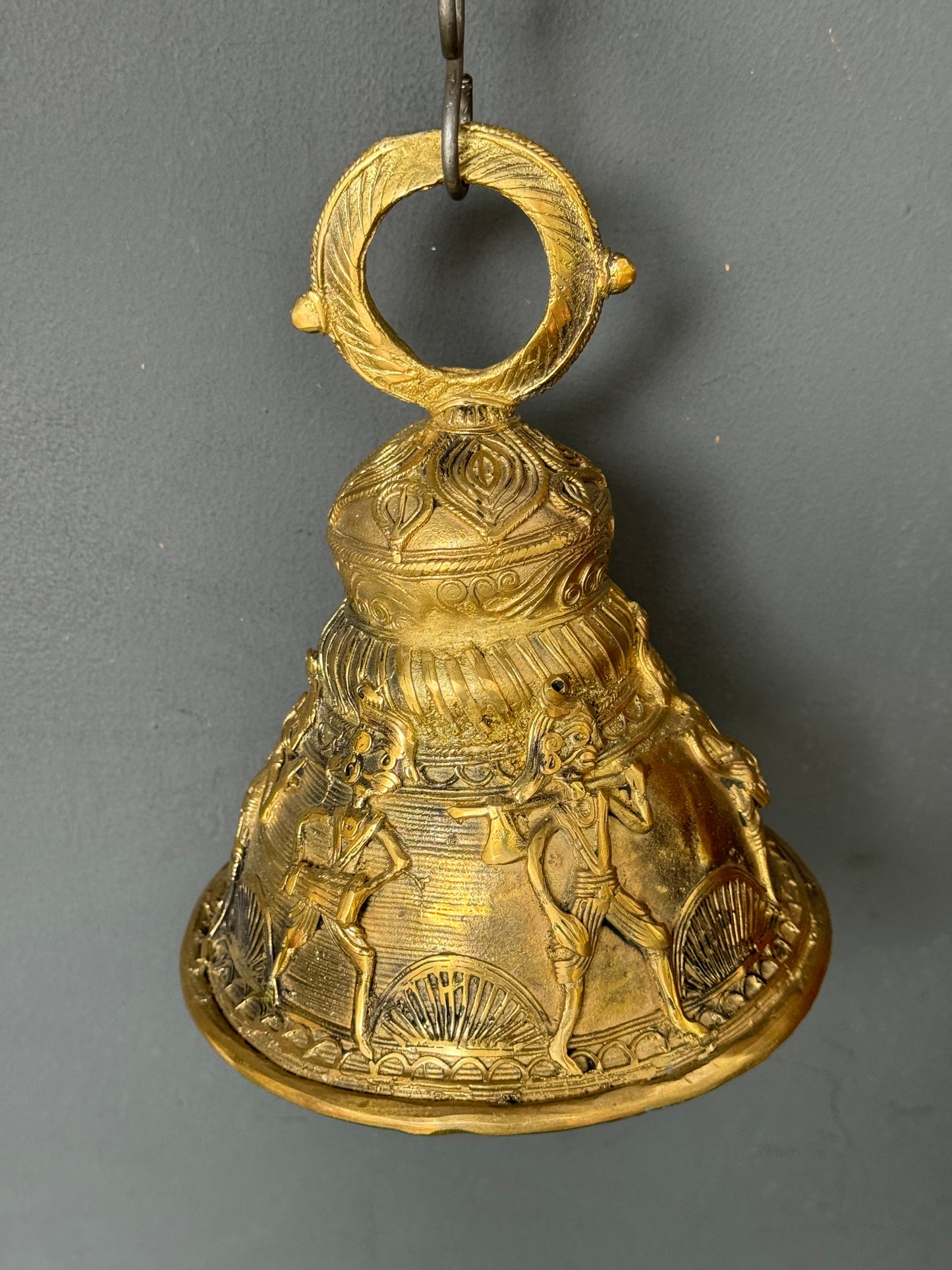 Big hanging bell with tribal life design - brass dokra hand crafted decor