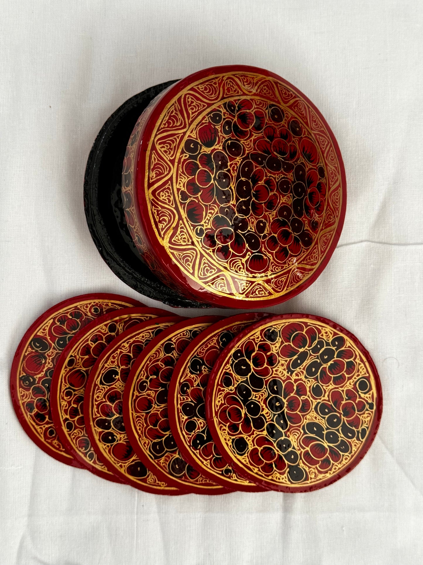 Round Coasters 6 piece set with container - Kashmiri Papier mache hand painted