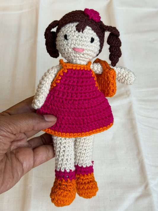 Little girl with a bag - Crochet handmade stuffed doll