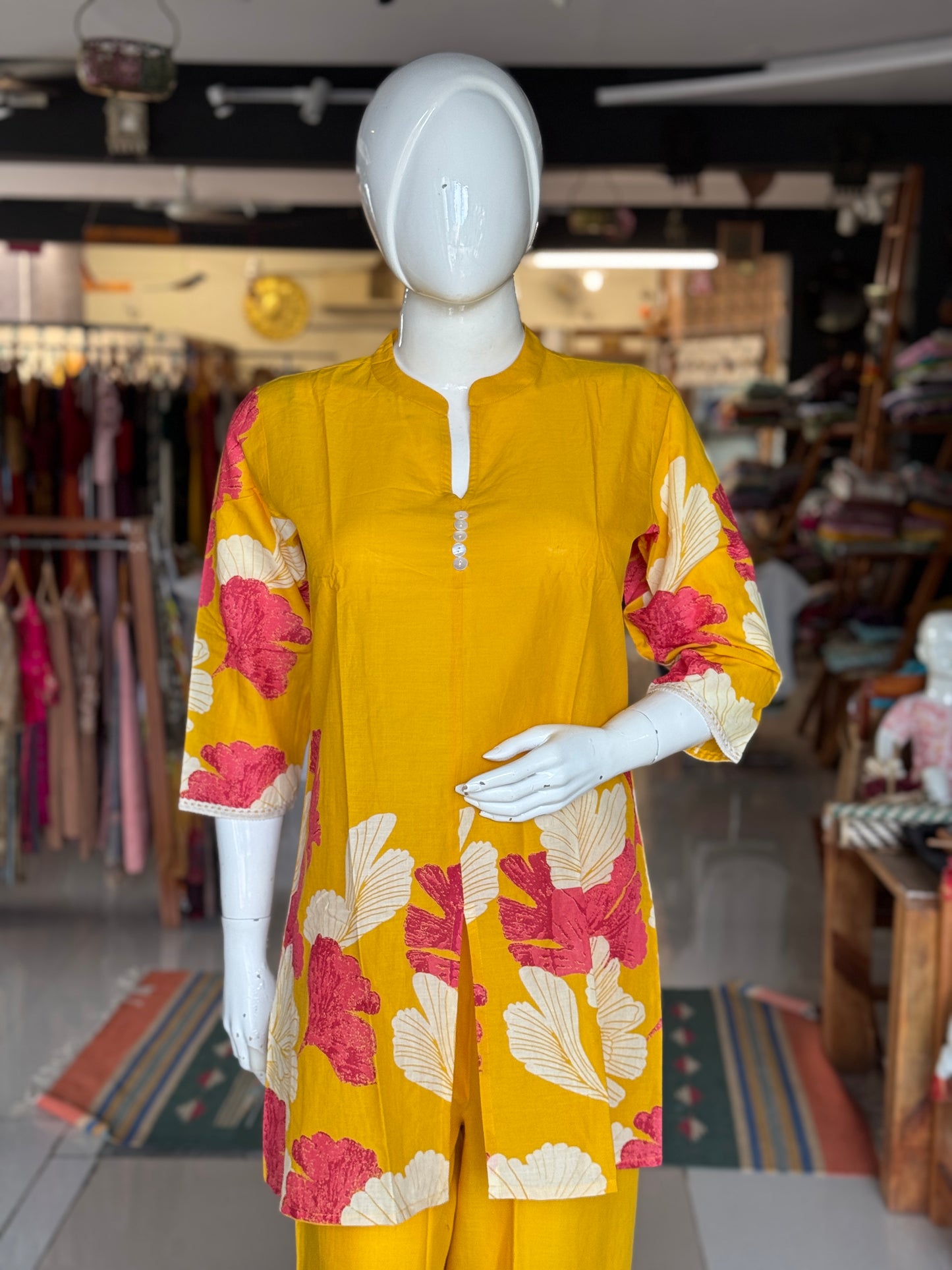 Yellow with pink floral print band collared cotton top with long sleeves and pants - coord set