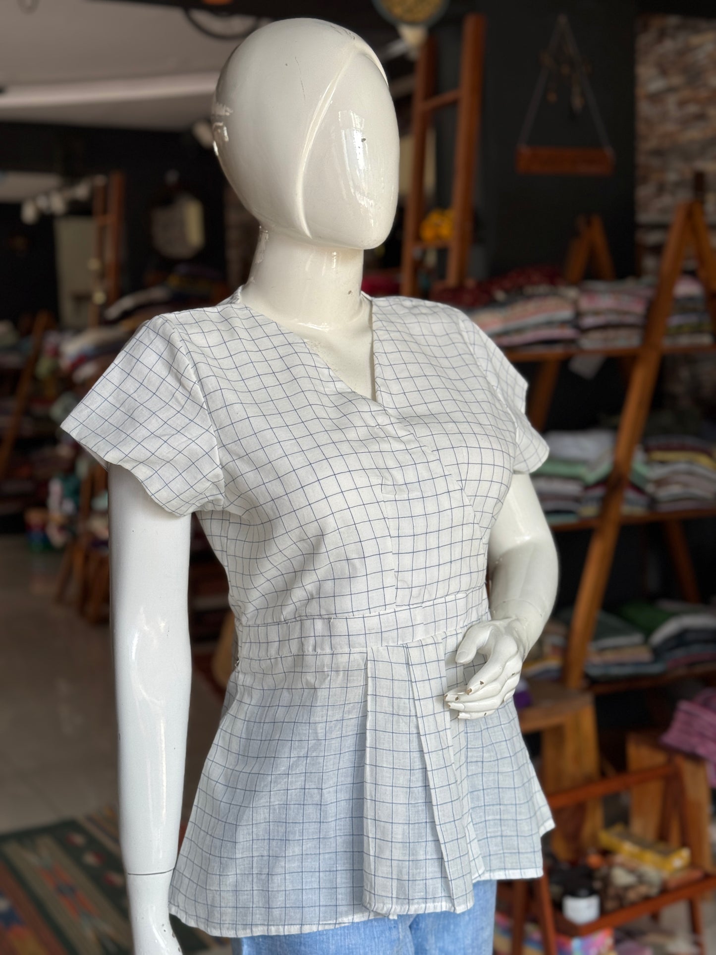 White with blue checks soft cotton handloom top