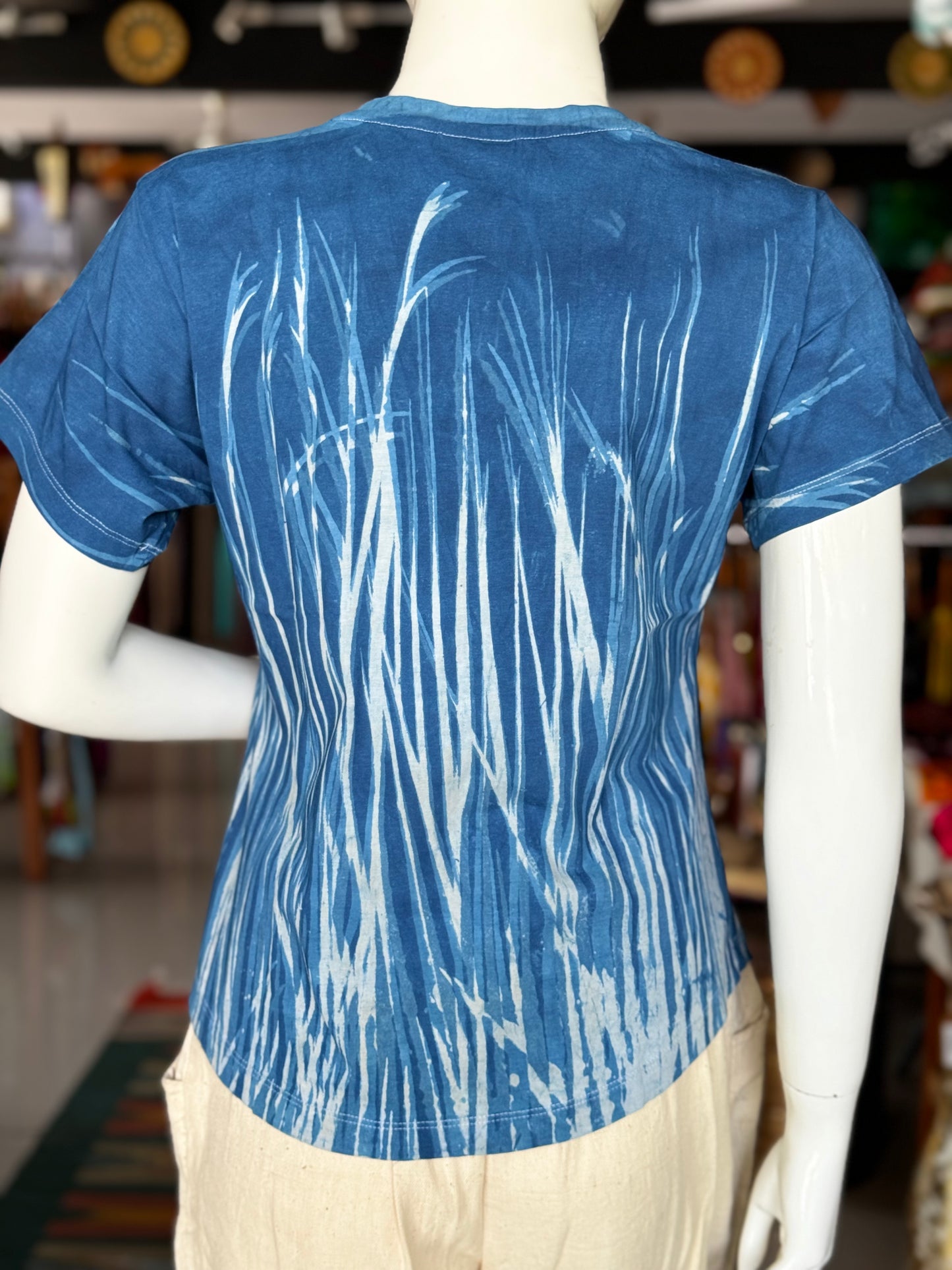 Indigo grass blades cotton hand block printed, natural dyed tshirt for women