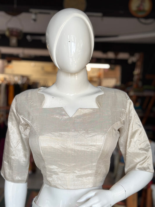 Silver tissue silk Chanderi handloom blouse with star neck line and elbow sleeves