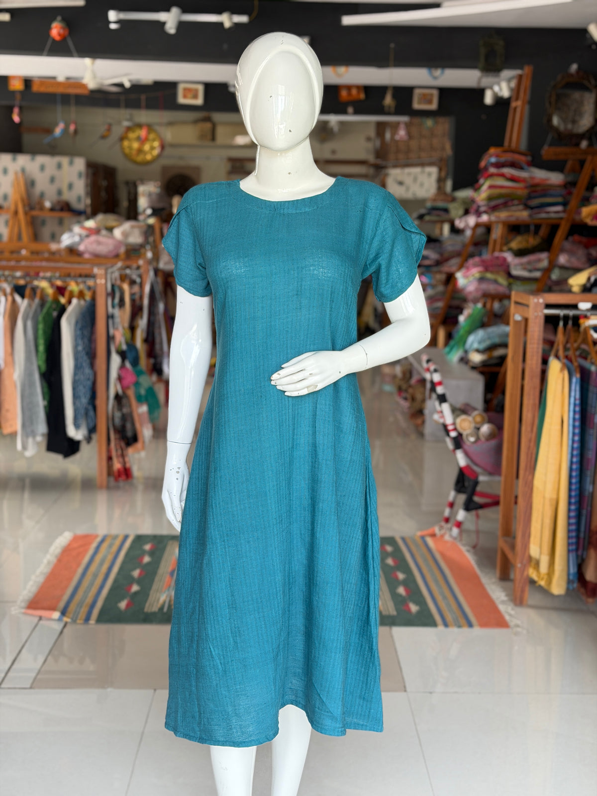Teal textured cotton hand spun, hand woven a-line dress