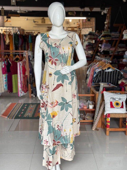 Floral print sleeveless cotton kurti, flared pants - coord set , 2 piece - multiple colors options