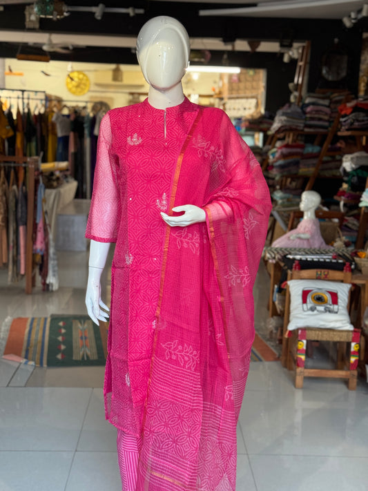 Pink hand block printed kota cotton straight kurti, pants and dupatta set - with hand embroidery