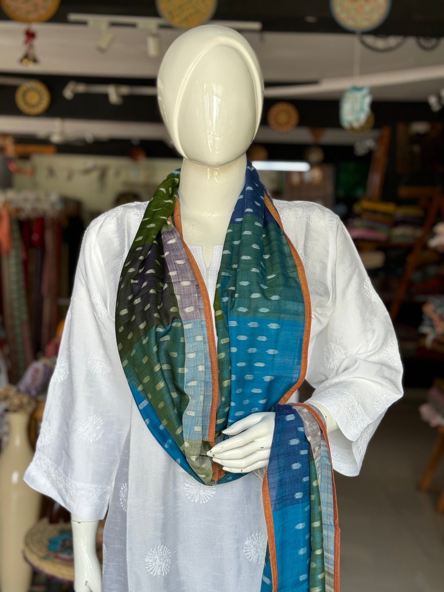 Blue green cotton handloom ikat stole with white dots