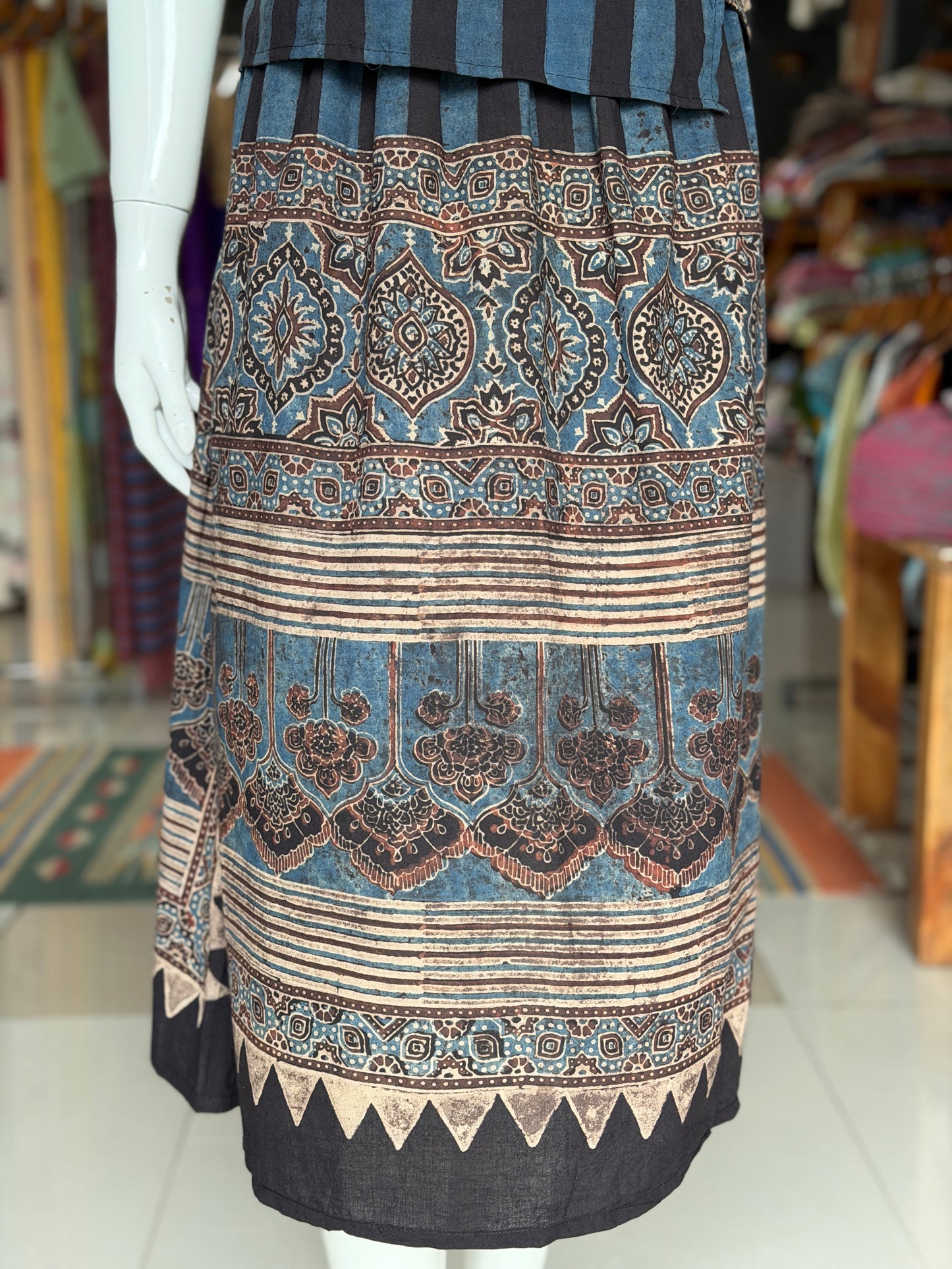 Indigo n black stripes cotton coord set of skirt n top - Ajrakh hand block prints
