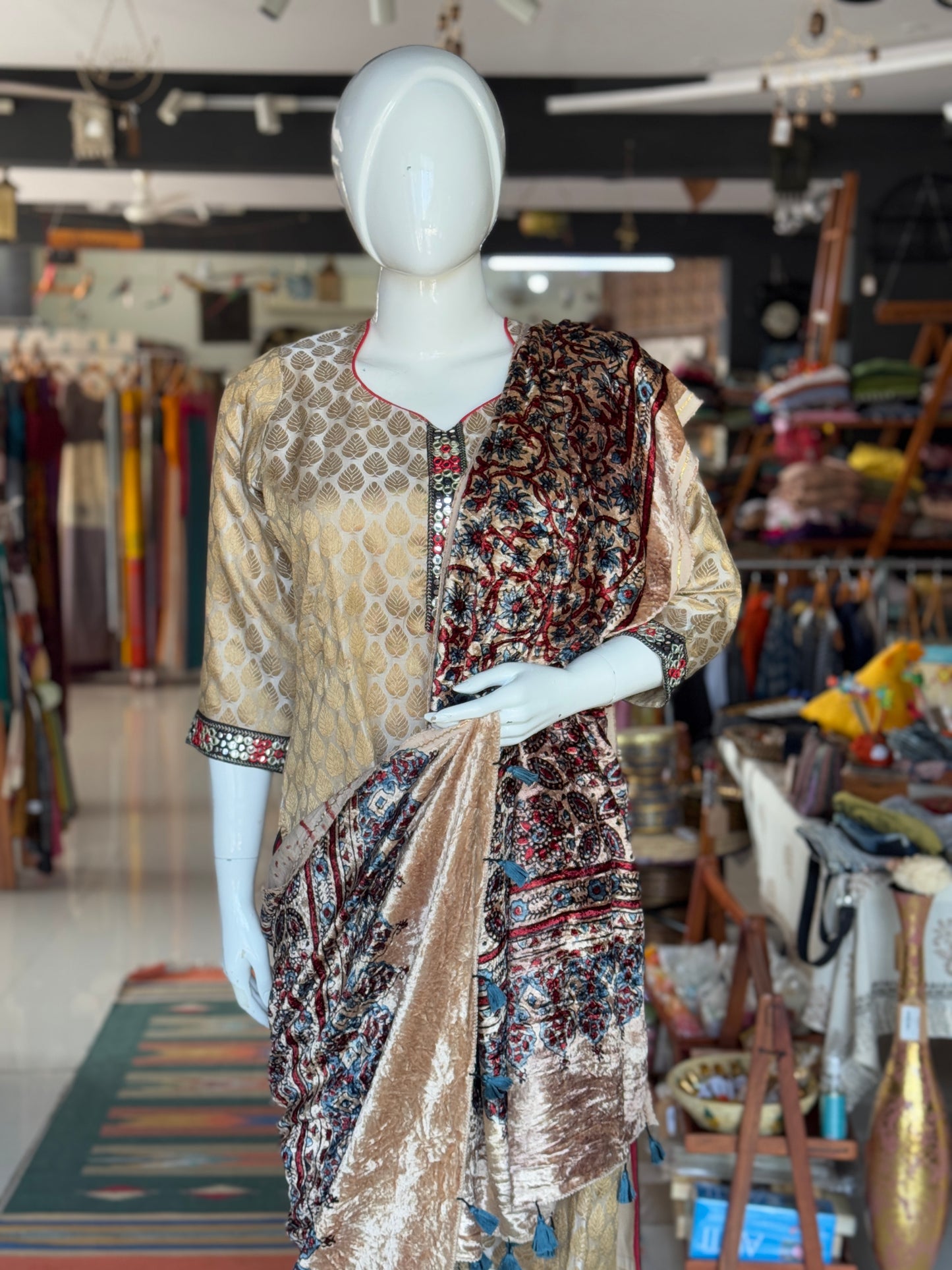 Cream luxurious velvet dupatta with hand block Ajrakh prints