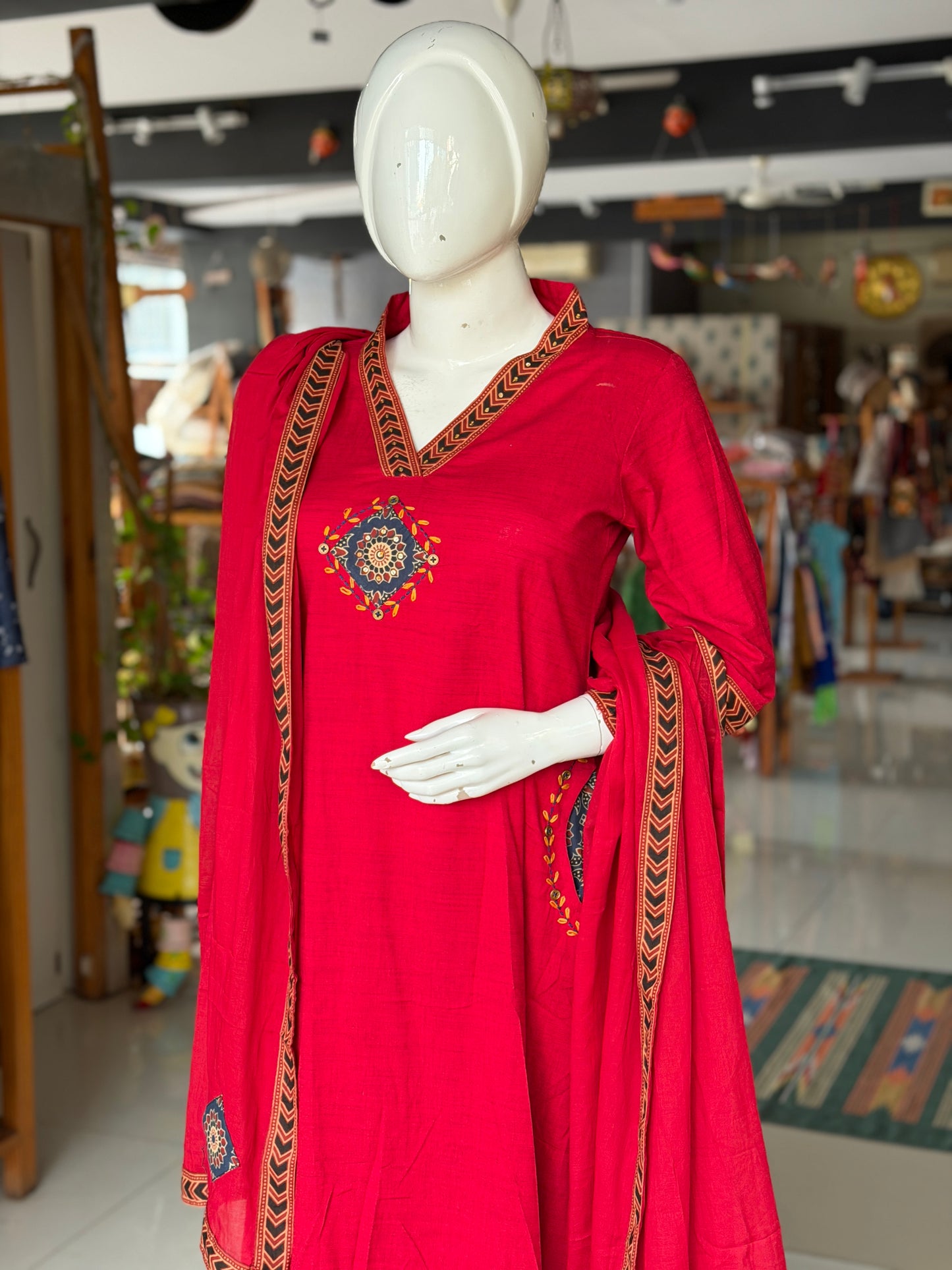 Red patch work a-line kurti, pants and dupatta - 3 piece set with pocket detailing
