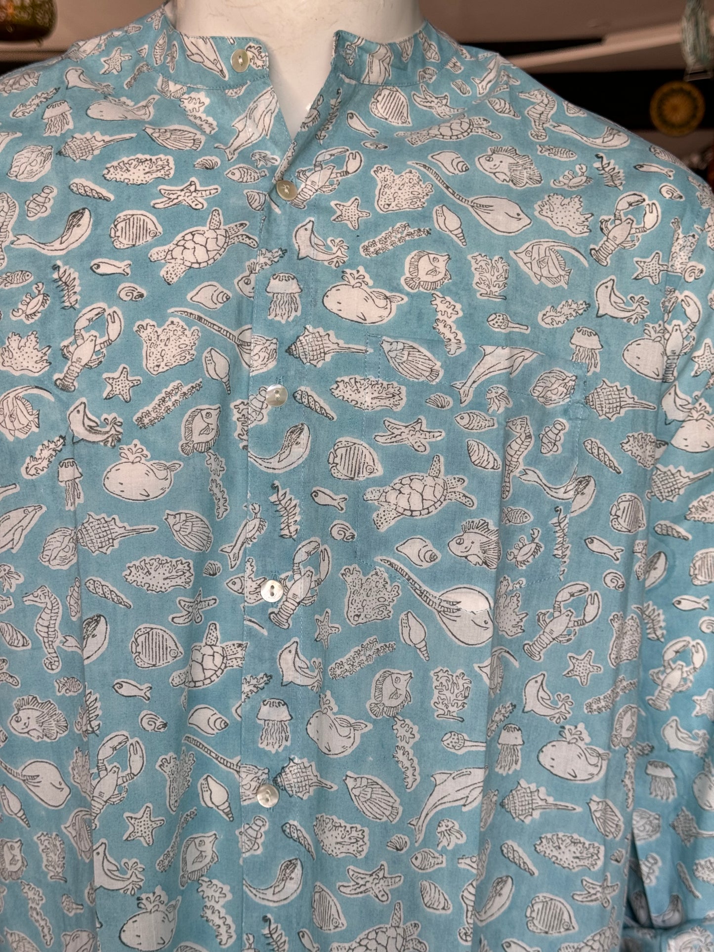 Blue sea world print full sleeves mens hand block printed band collared cotton shirt