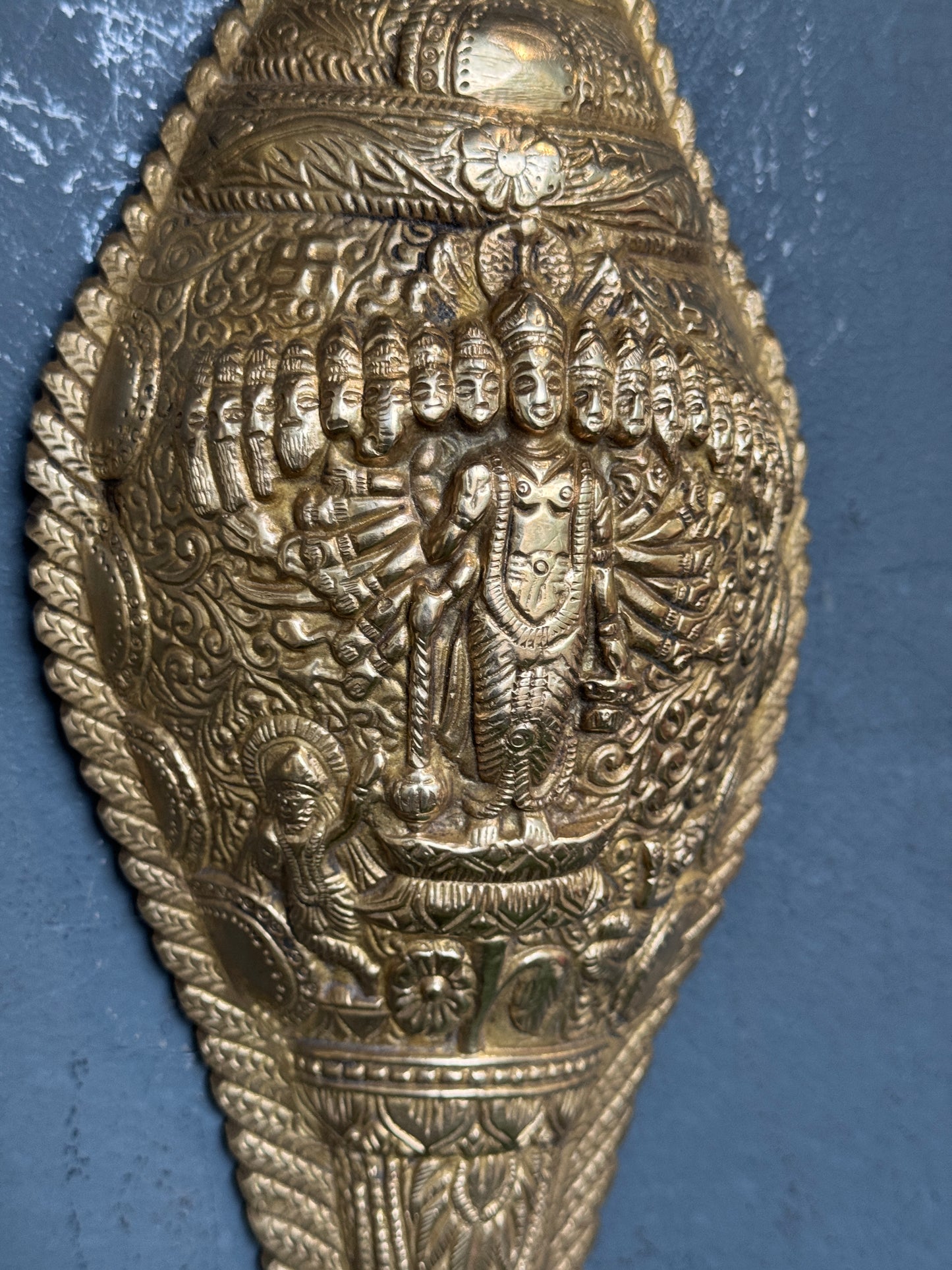 Vishwaroopam - Vishnu ji on brass shell shaped vintage wall plate