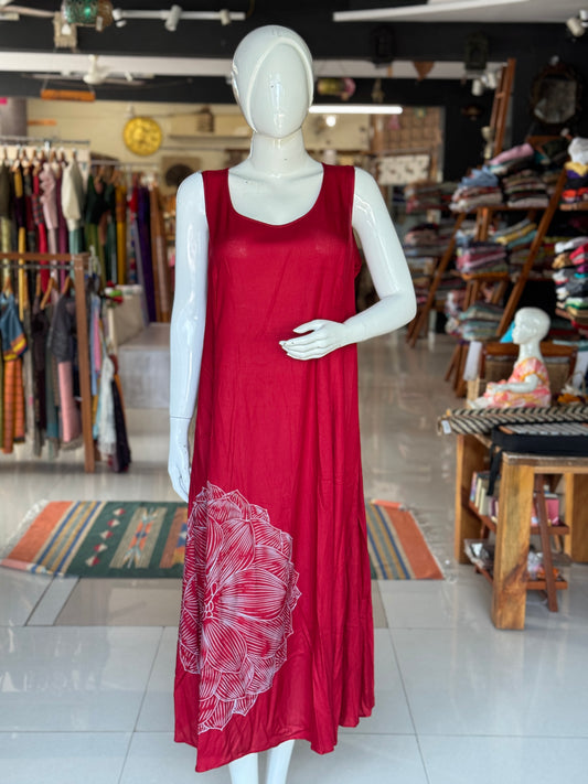 Red dhalia flower hand printed free sized dress with back elastic