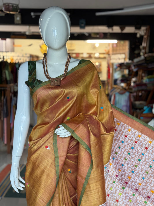 Golden tone pure tussar silk handwoven saree with extra weft flower butis and jala palla