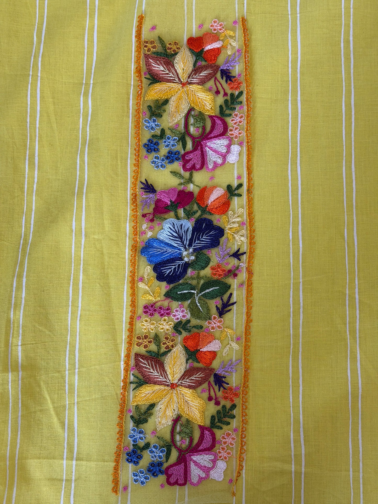 Yellow flowers and leaves embroidered patch border on yellow net base