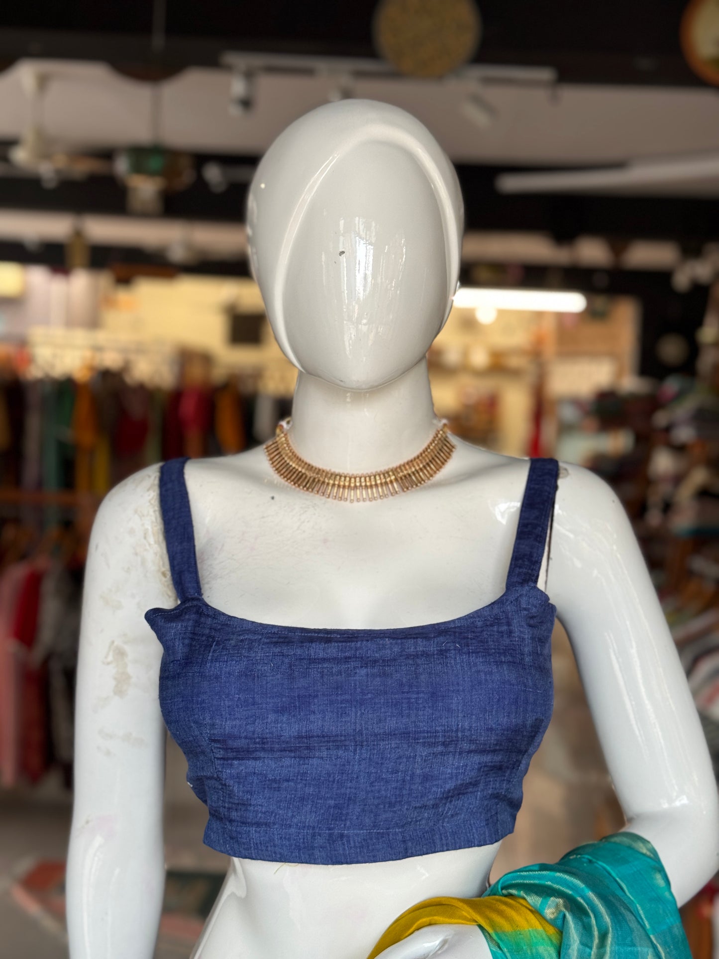 Blue strap sleeves back open silk blouse