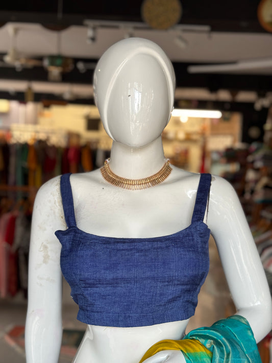 Blue strap sleeves back open silk blouse