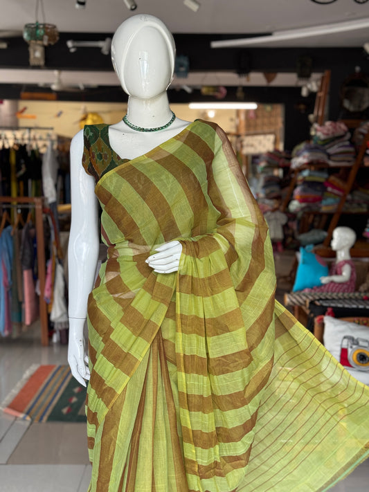 Green brown vertical stripes light weight soft handloom Bobbili cotton saree