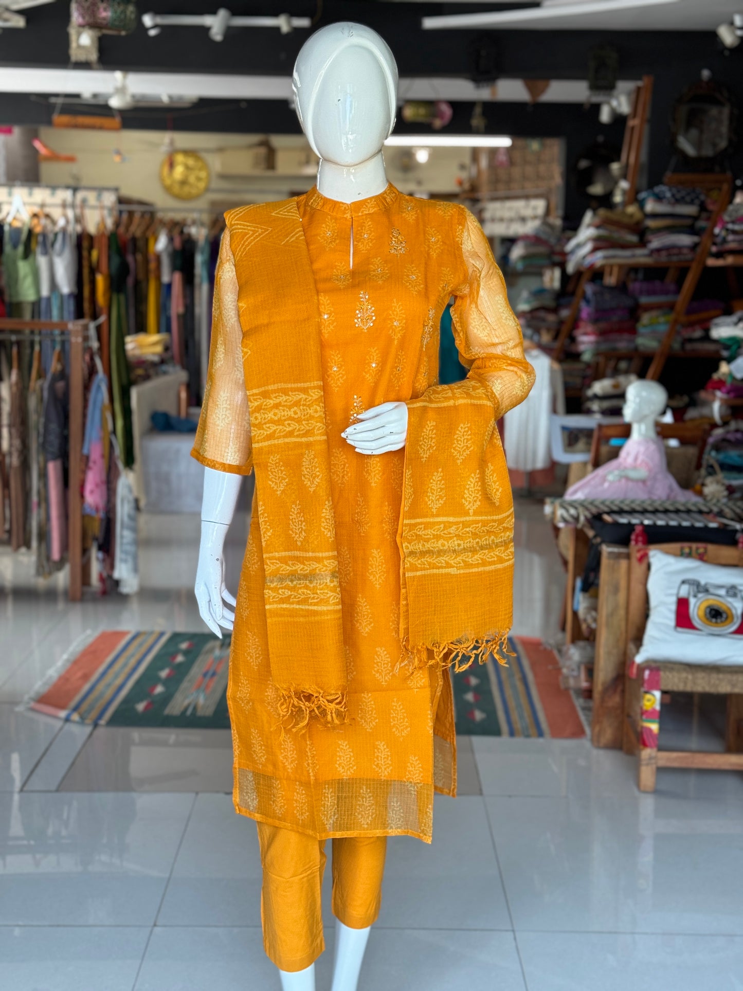 Mango yellow hand block printed kota cotton straight kurti, pants and dupatta set - with hand embroidery