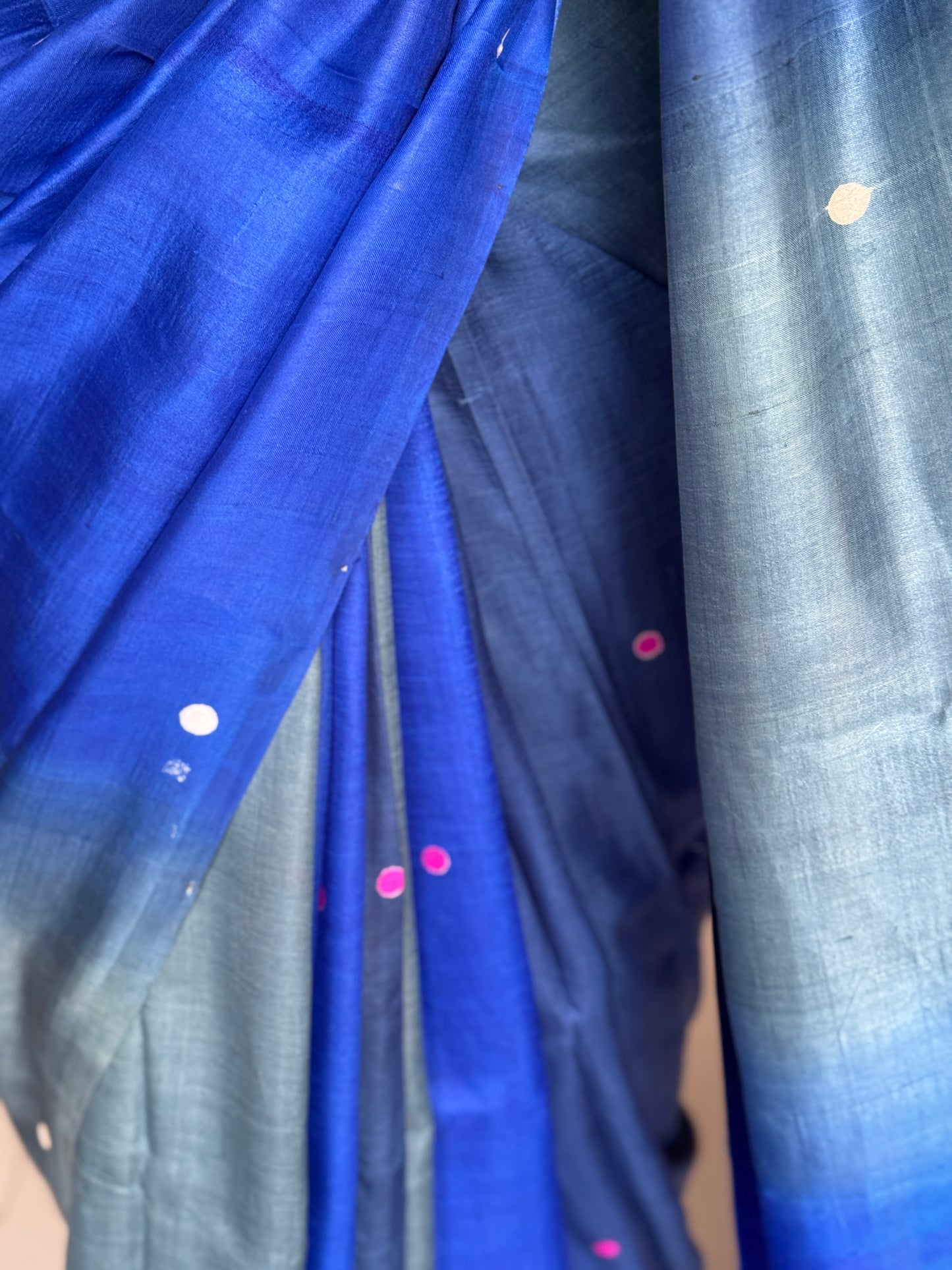 Shades of blue hand crafted pure tussar silk saree - colorful dots