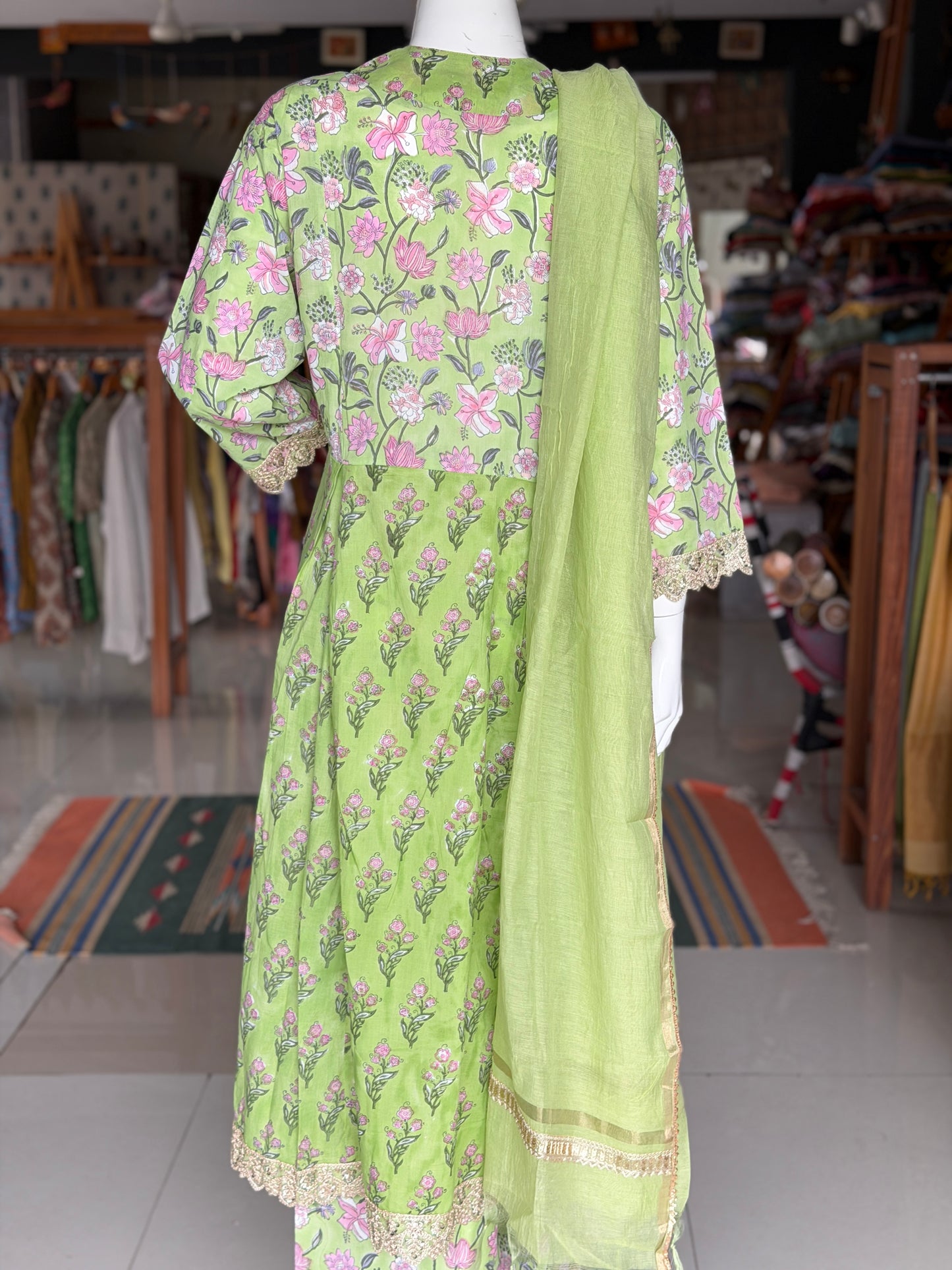 Green floral hand block print with lace detailing flared kurti, pants and dupatta - 3 piece set