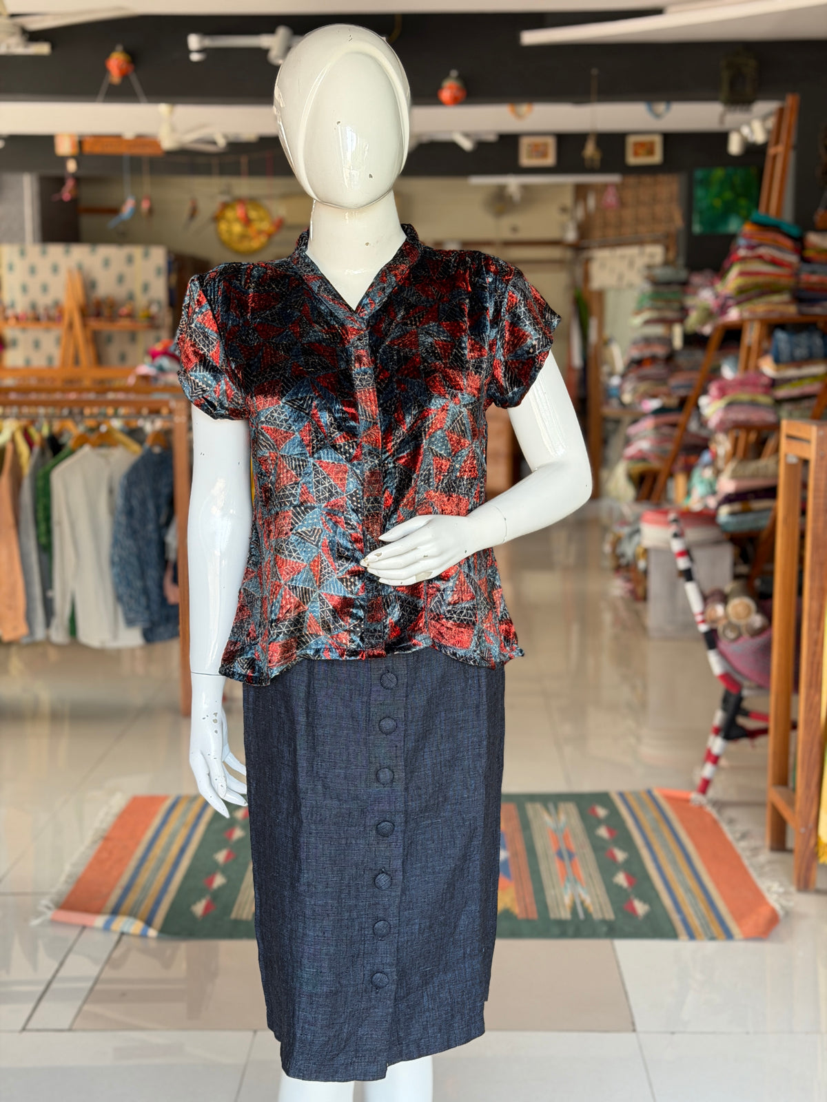 Indigo velvet Ajrakh hand block printed top