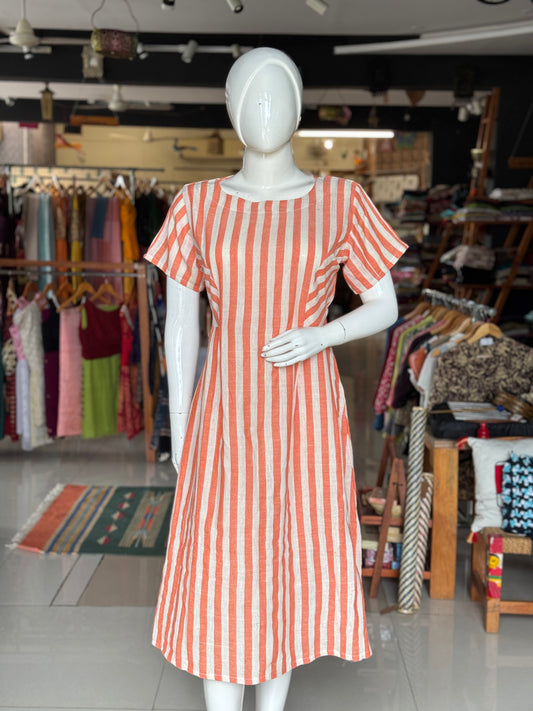 Orange and white stripes kala cotton, handwoven princess cut dress