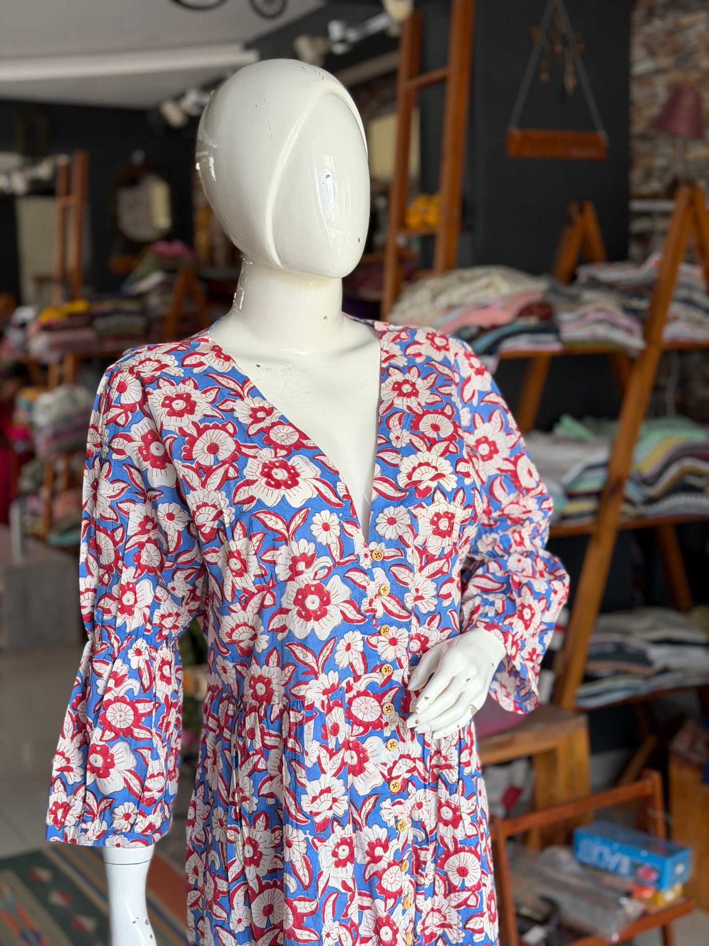 Blue and red floral hand block printed deep v-neck cotton dress with flouncy sleeves
