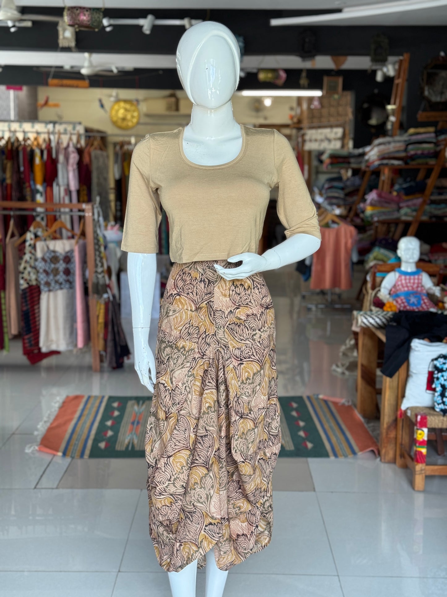 Wild flower beige Kalamkari hand block printed cotton designer skirt - with pockets