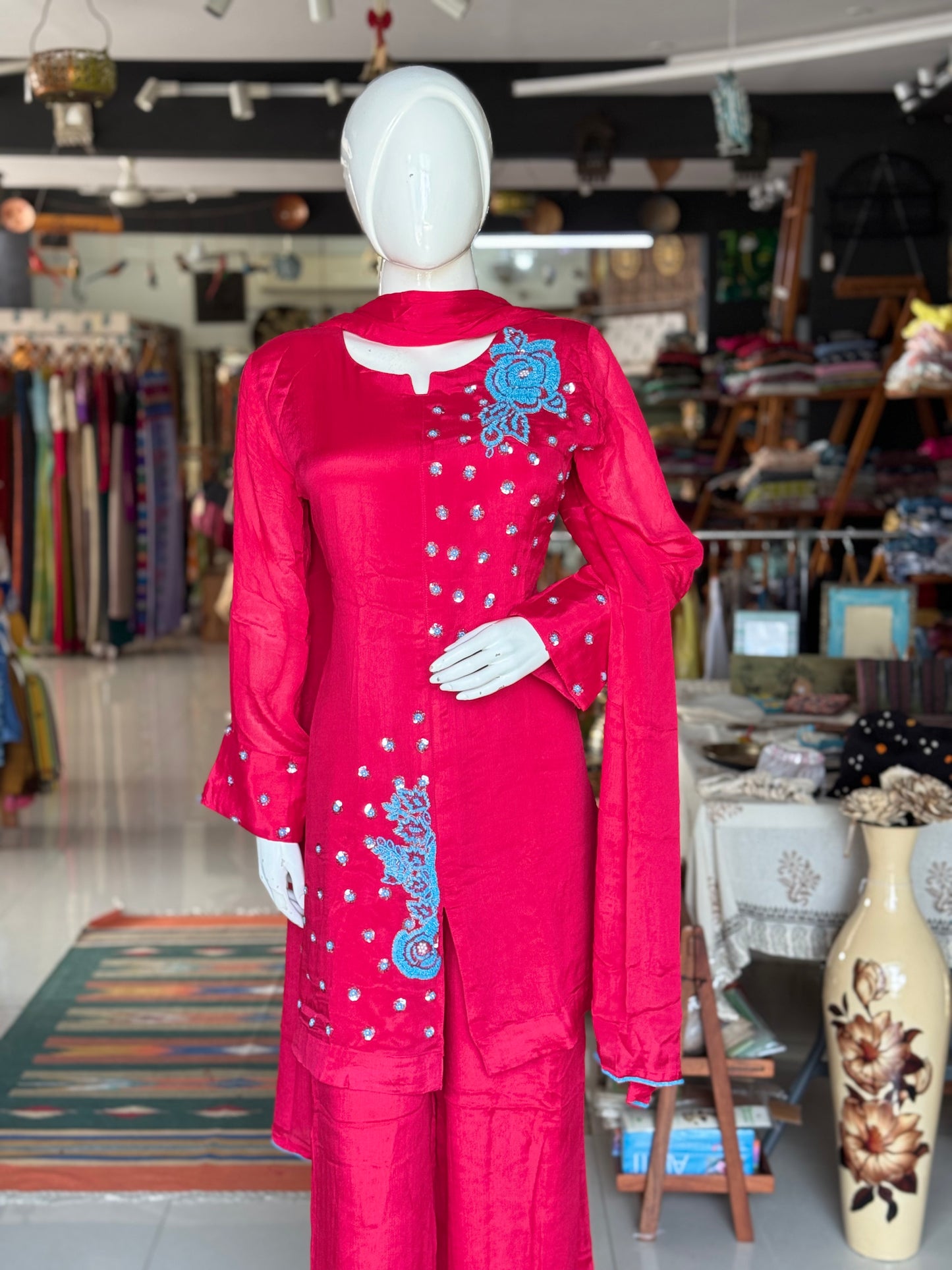Hot pink wrinkled georgette embroidered 3 piece suit set - festive wear set