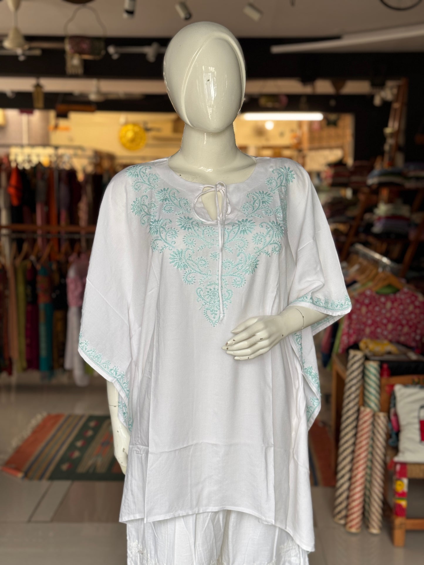 White Chikankari hand embroidered cotton kaftan