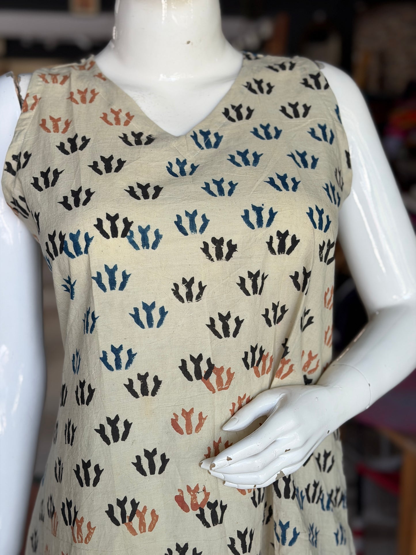 V-neck A-line hand block printed cotton sleeveless dress / Kurti