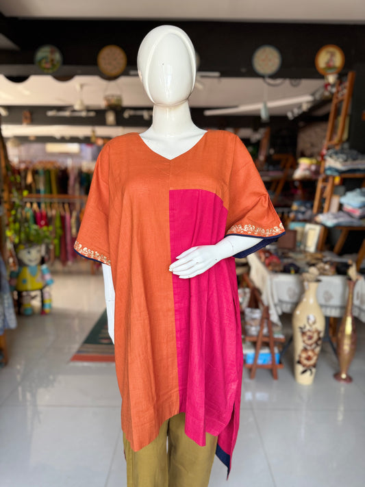 Orange and pink hand spun, hand woven, embroidered relaxed fit cotton kurta and pants set