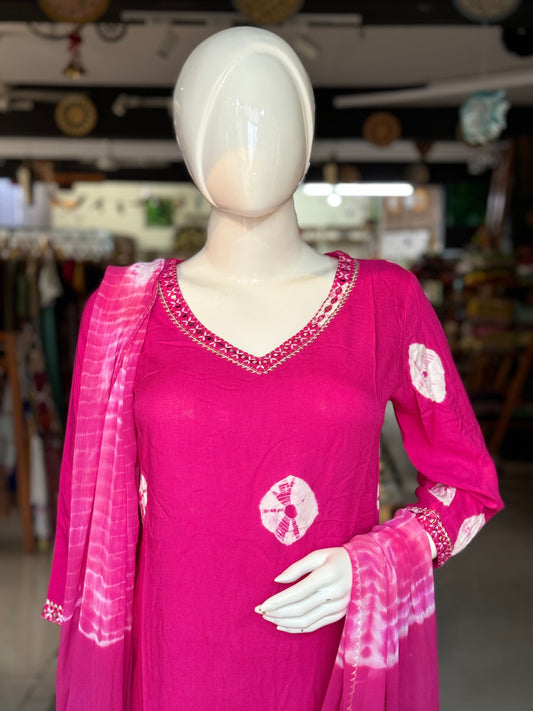 Pink tie dye print cotton rayon side slit kurta, pleated hem pants and dupatta - 3 piece set