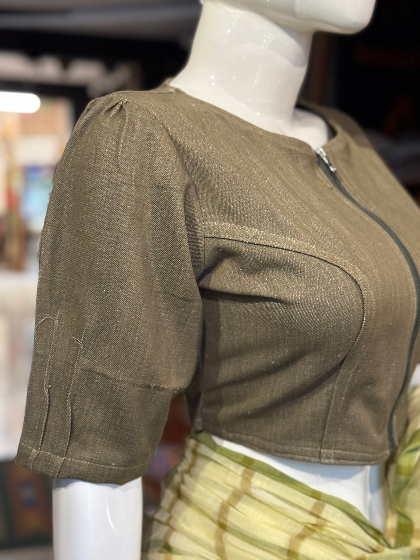 Green denim jacket zipper blouse - hand woven, natural dyed denim with zipper, wear it like a blouse, crop top or a jacket