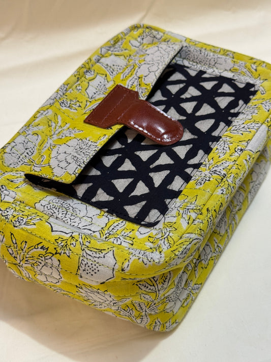 Handcrafted toiletries / travel pouch with leak proof plastic lining plus colorful front pocket with leather patch