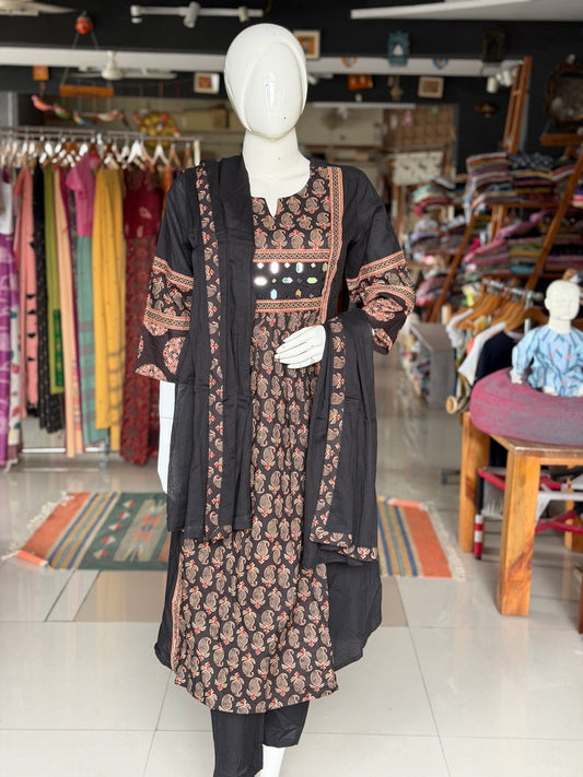 Black patch work flared mirror work kurti, pants and dupatta - 3 piece set