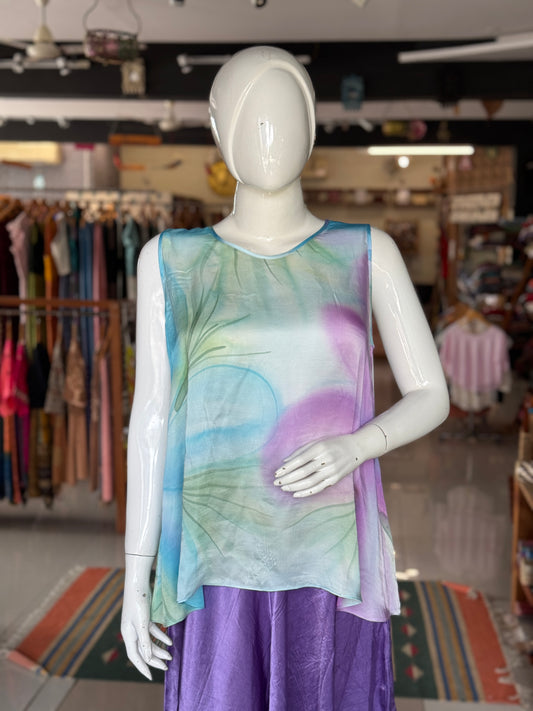 Blue, green and pink modal satin handpainted sleeveless top