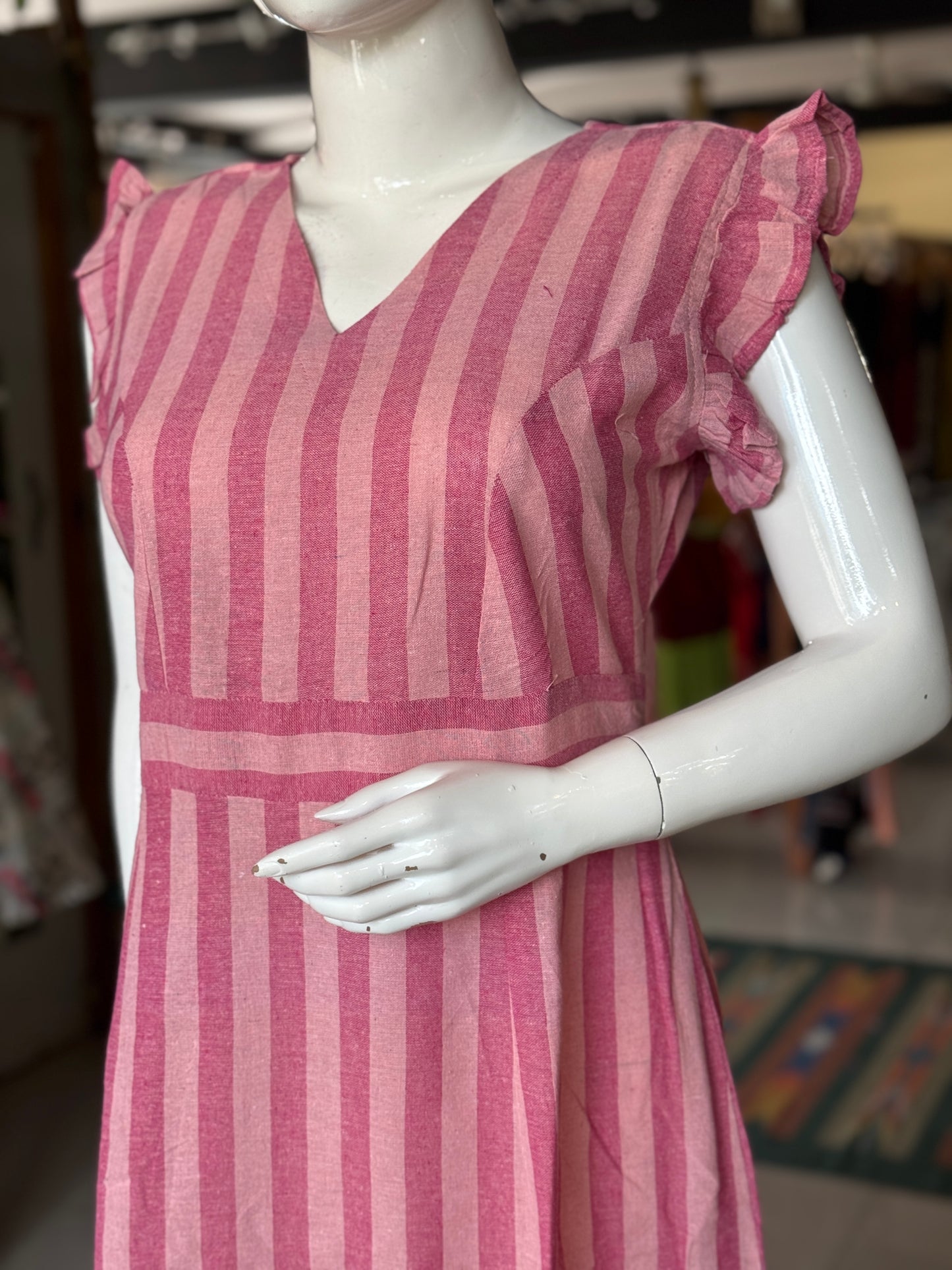 Pink stripes kala cotton, handwoven dress with gathered hem