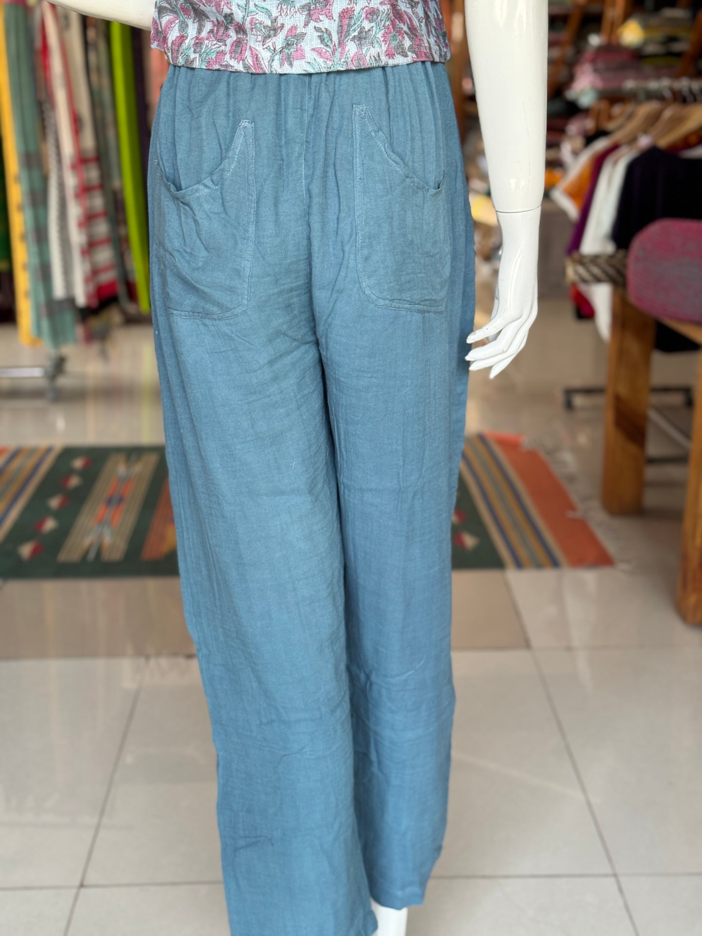 Teal blue soft double cotton pants for women - relaxed fit