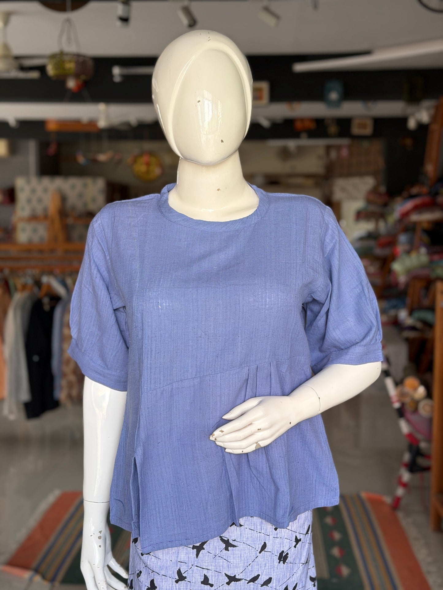 Lavender cotton top with asymmetric waist pleats - hand spun, hand woven fabric with missing thread stripes weave
