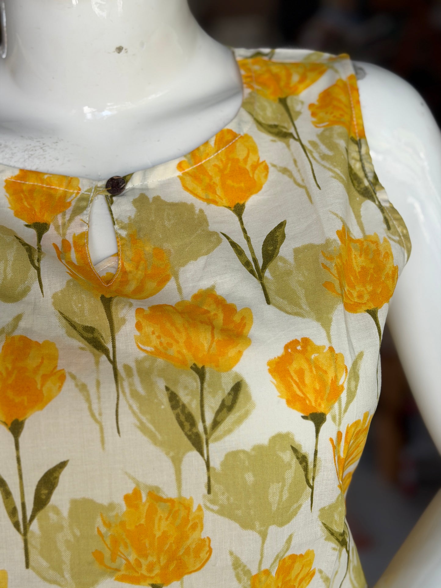 Cream and yellow cotton floral print sleeveless short top