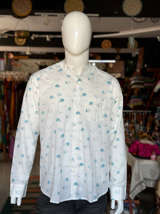 Fish print white full sleeves mens hand block printed band collared cotton shirt