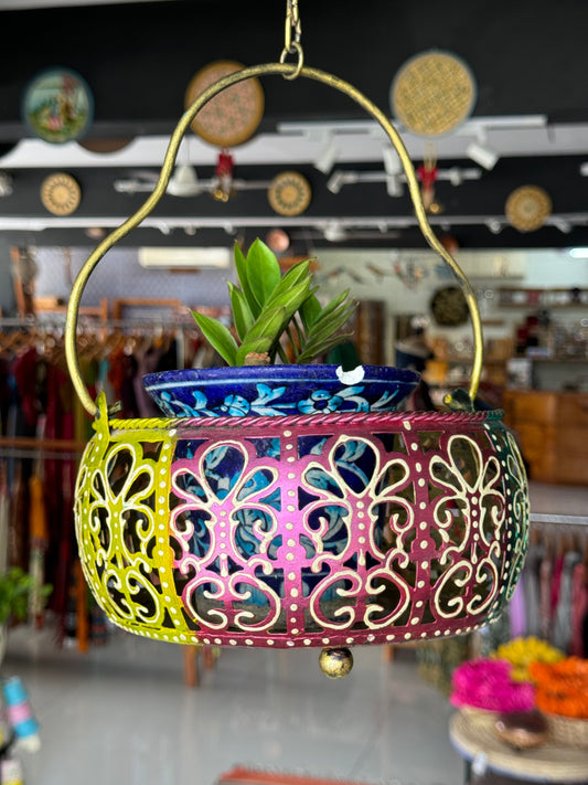 Metal jaali basket shaped planter decor