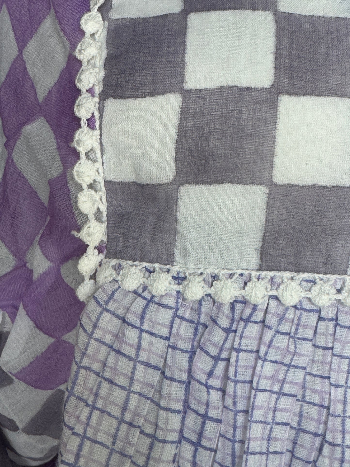 Violet checks and circles hand block printed soft cotton dress with fancy sleeves